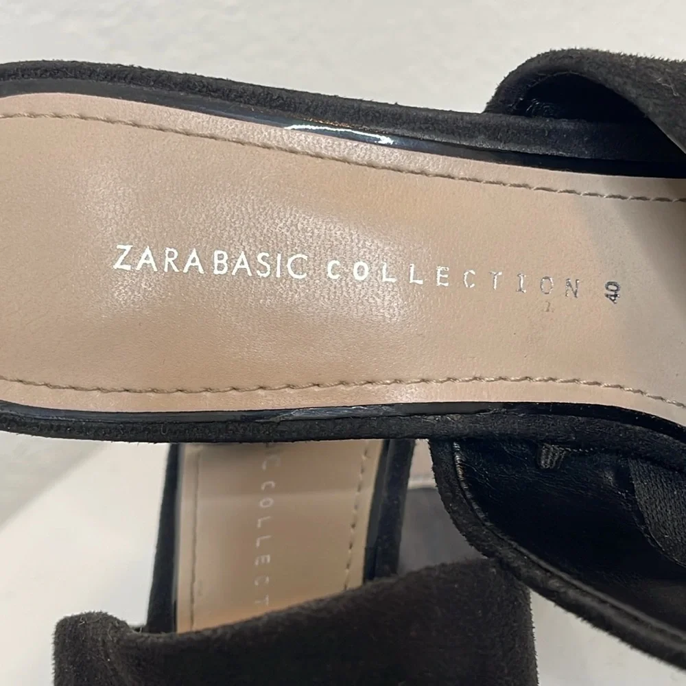 ZARA BLACK FAUX SUEDE SLIDE SANDALS LUCITE ROUND HEEL OPEN TOE MINIMALIST MULES - Picture 12 of 14